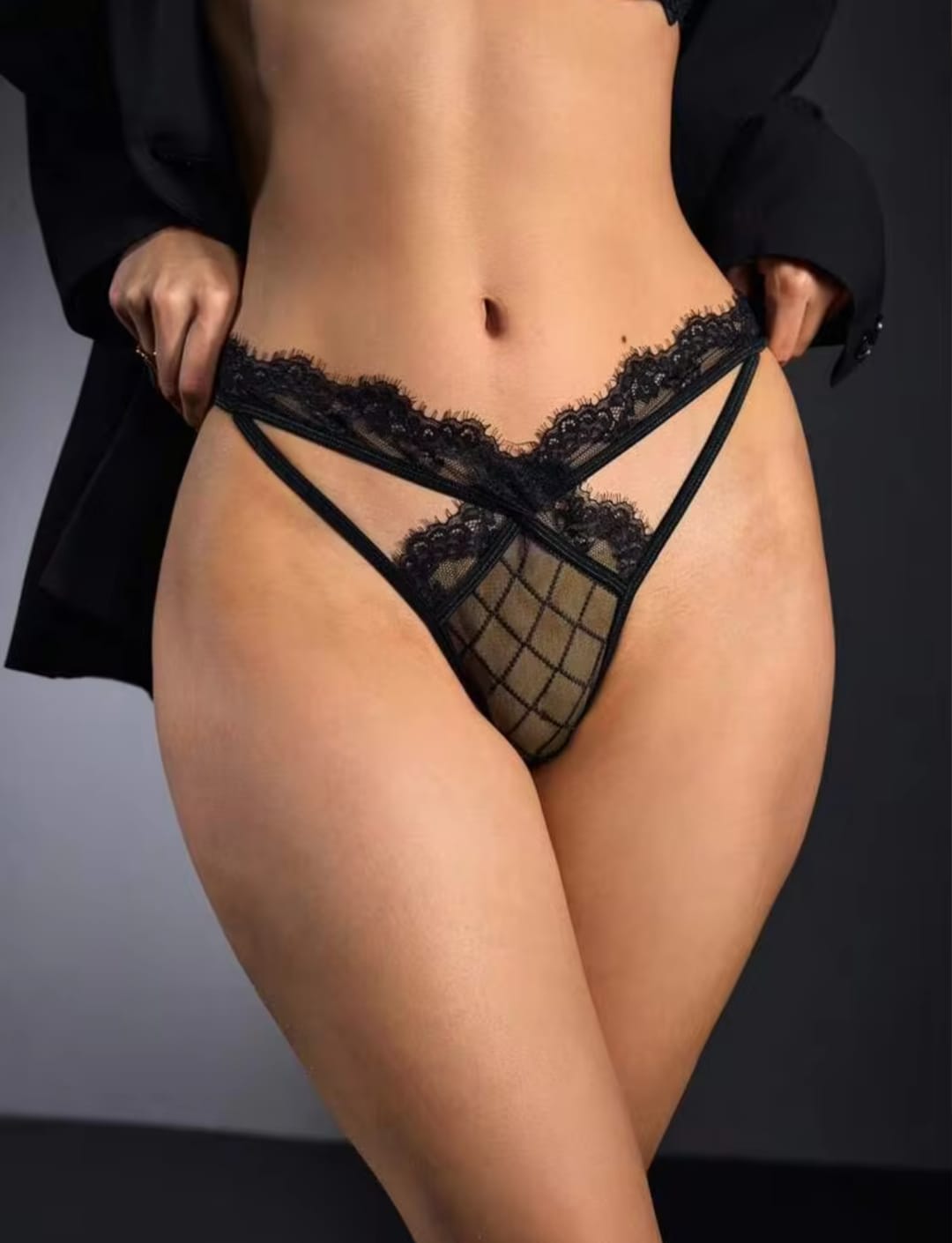 Women's Black Strappy Eyelash Lace & Grid Mesh V-Waist Thong Panties